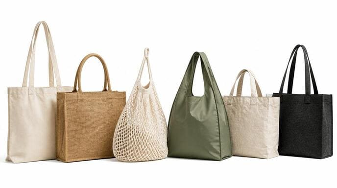Varying types of reusable shopping bags, highlighting different materials Varying types of reusable shopping bags, highlighting different materials