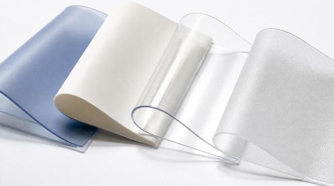 Examples showcasing the diverse textures and appearances of different PVC materials used for bags Samples of soft, rigid, transparent, and frosted PVC materials