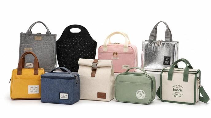 Various materials used in insulated lunch bags A selection of diverse insulated lunch bags made from different materials, showcasing variety in texture and color.