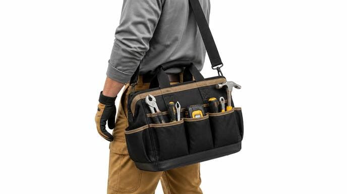 Worker using a sturdy custom tool tote bag at a construction site Worker using a durable custom tool tote bag at a construction site