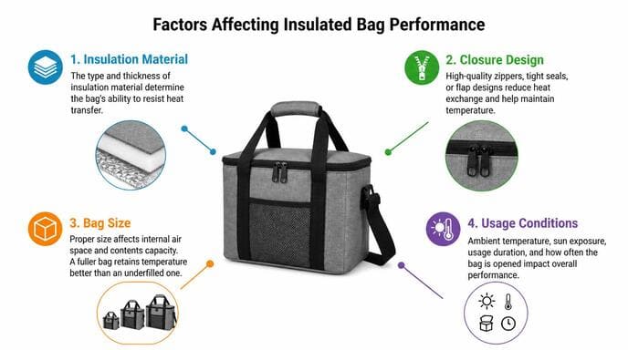 Factors affecting insulated bag performance including insulation material, closure design, bag size, and usage conditions